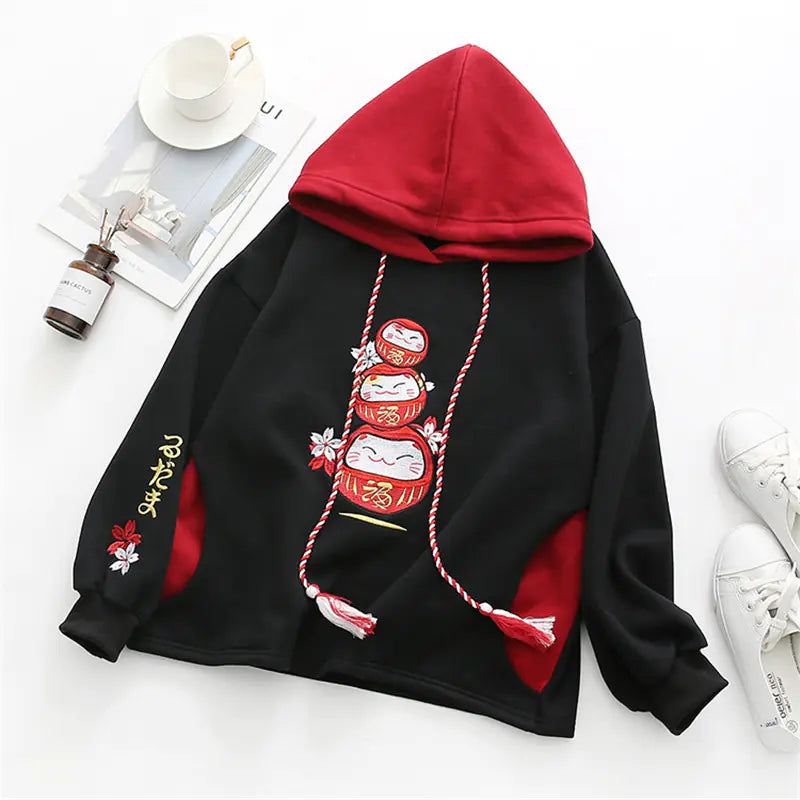 Casual Cartoon Embroidery Hooded Velvet Sweater